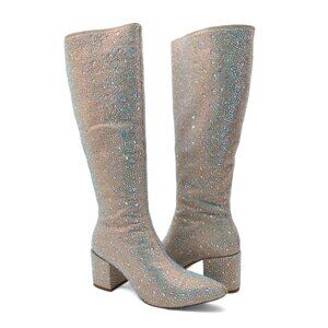 Wetkiss Women's Size 7 Iridescent Crystal Rhinestone Chunky Heel Knee High Boots